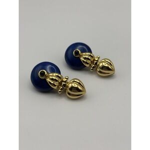 Vintage Joan Rivers Haute Couture Earrings, Faux Lapis Donut Gold Clip On Dangle